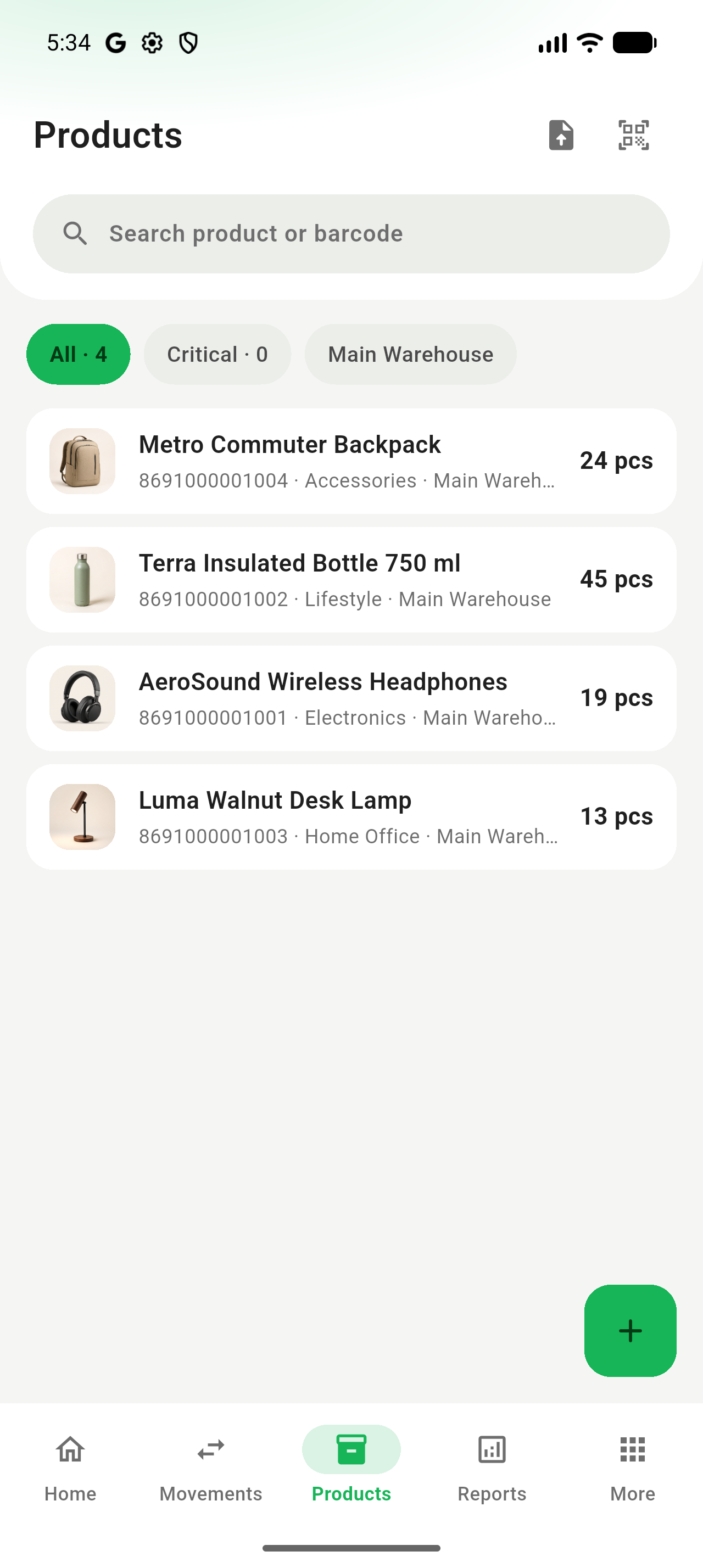 Orbiventra product list with stock quantities